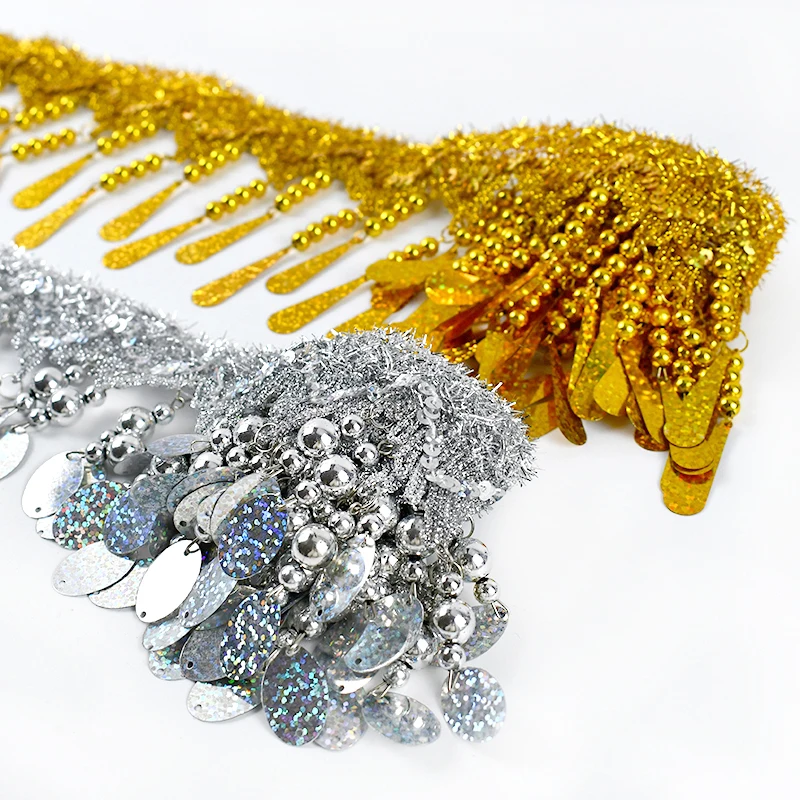 

10cm 1-5M Tassel Sequins Pendant Webbing Gold Silver Lace Trim Fringe Dance Garment Decoration Tassels Band DIY Sewing Accessory