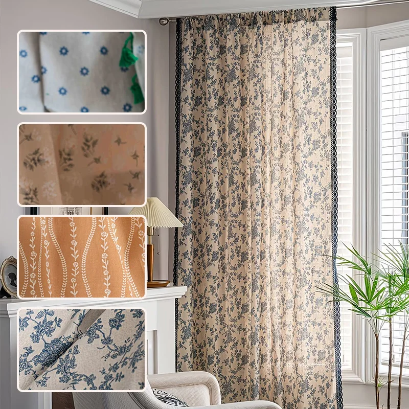 Cotton Linen Sheer Curtain Boho Farmhouse Floral Curtains Vintage Cottage Core Western for Kitchen Living Room Bedroom