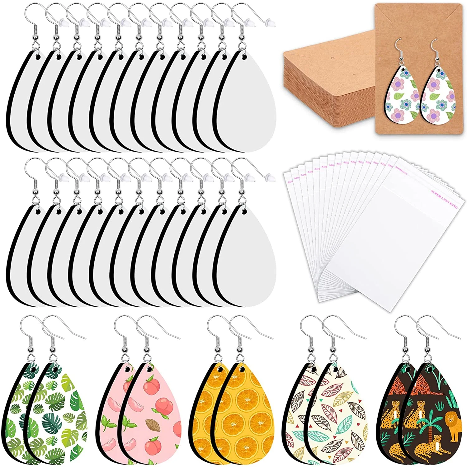 Sublimation Blanks Products Earrings with Earring Hooks Jump Rings Ear Plugs Holder Cards Bags for Jewelry DIY Craft Making Tool