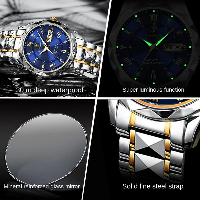 POEDAGAR Stainless Steel Fashion Quartz Watch for Men Waterproof Luminous Date Week Business Mens Watches Top Brand Luxury Clock