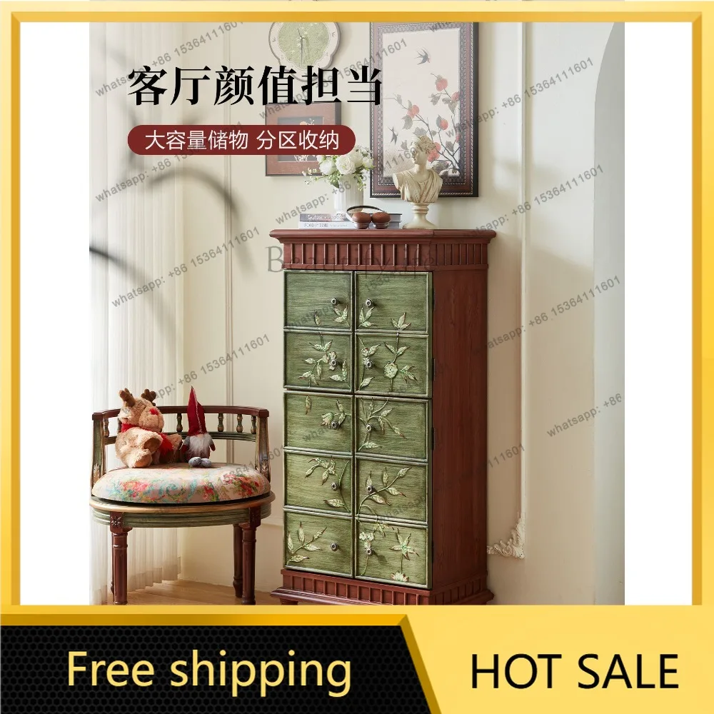 FG American vintage dresser cabinet, painted solid wood entryway cabinet against the wall in the living room