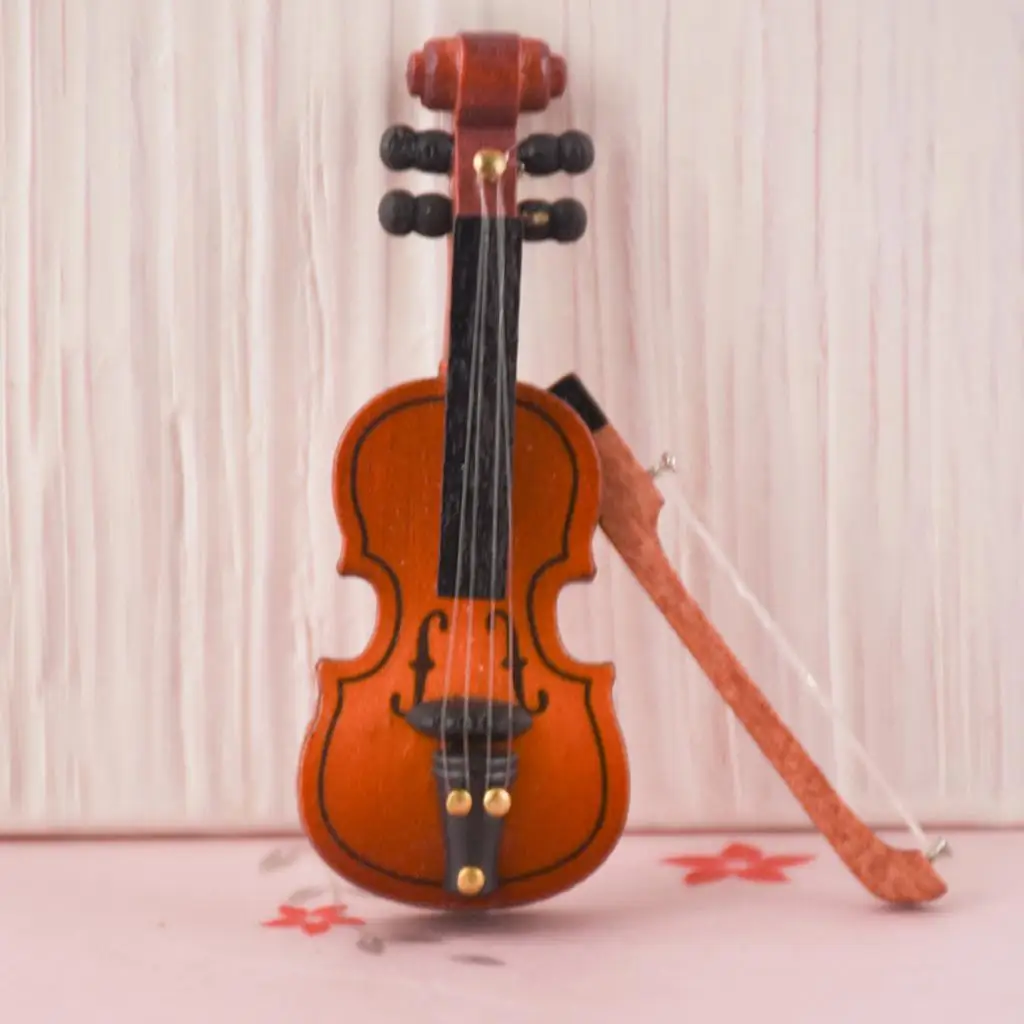 Violino De Madeira Para Dollhouse, Modelo Em Miniatura Com Arco, Instrumento Musical, 1:12