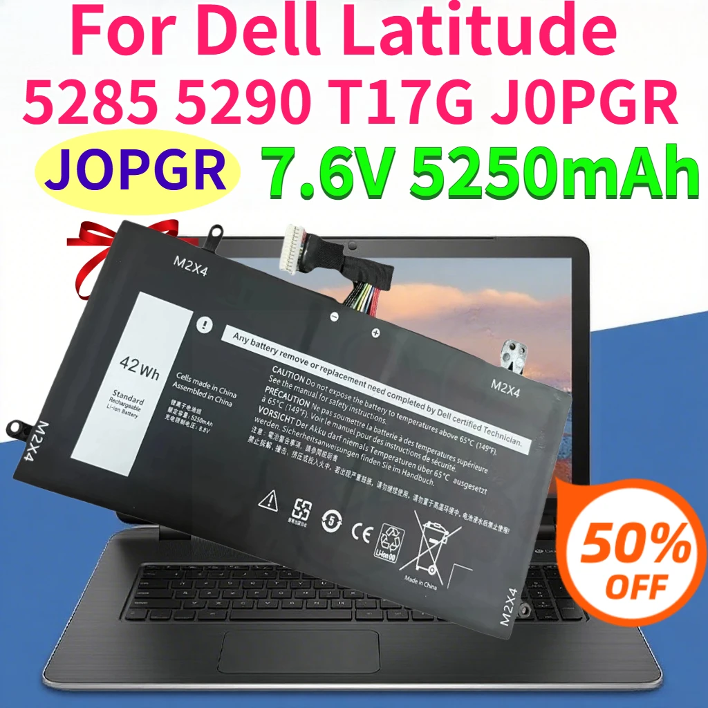 New 7.6V 42Wh/5250mAh JOPGR J0PGR Laptop Battery for Dell Latitude 5285 5290 T17G T17G001 T17G002 Replacement Batteries