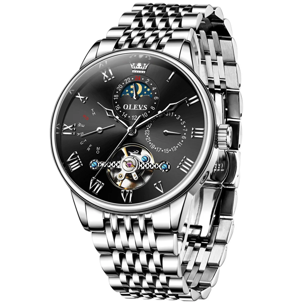 OLEVS Men Automatic Mechanical Watch Stainless Steel Hollow Tourbillon Moon Phase Week Date Waterproof Wristwatch Relogio