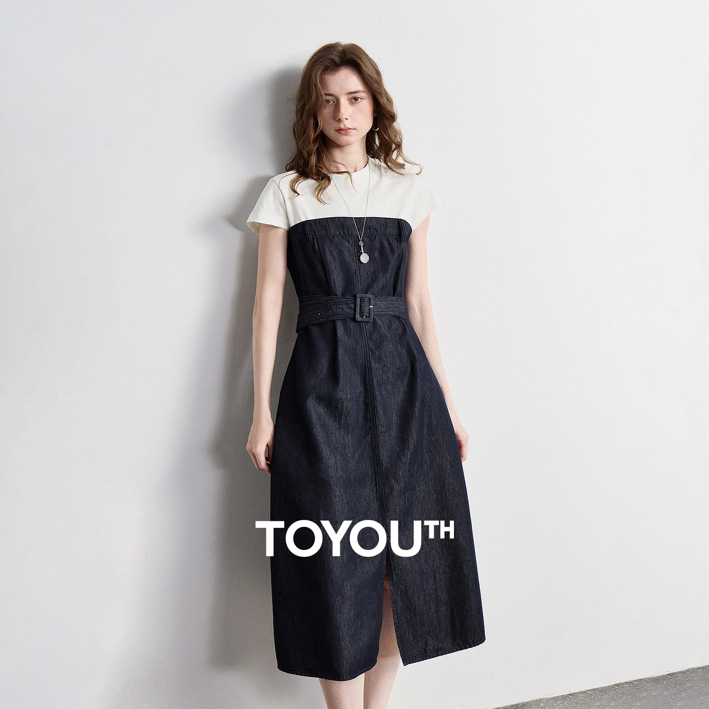 

TOYOUTH Women Elegant Dress 2026 Summer New Color Block Patchwork Open Slit Two Piece Denim Dress With Waist Belt