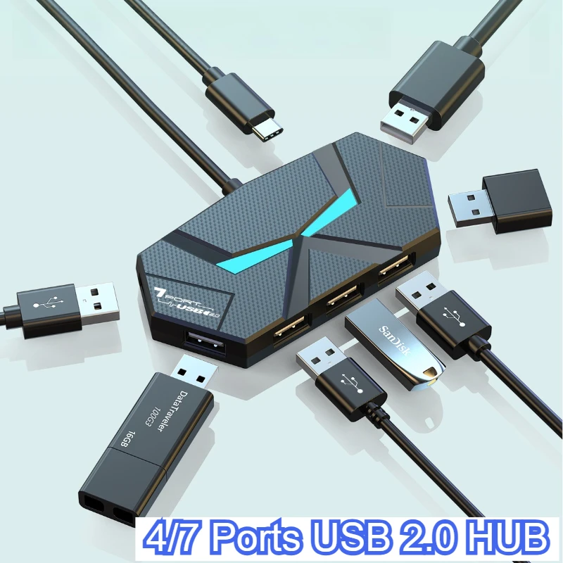 

7-портовый концентратор USB 2.0 USB-док-станция 0,6 м/1,2 м USB-разветвитель-адаптер для ноутбука, жесткого диска, мыши, клавиатуры