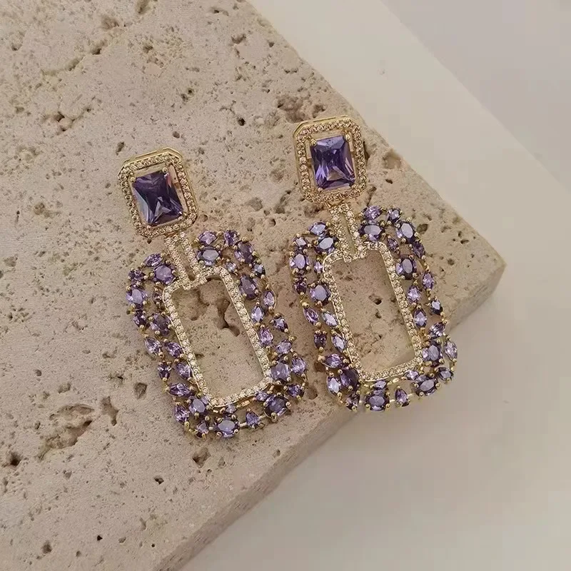 

Bling Full Purple Gemstones Geometric Hollow Ear Stud Amethyst Tanzanite Square Drop Dangle Earring Party Fashion Show Jewelry