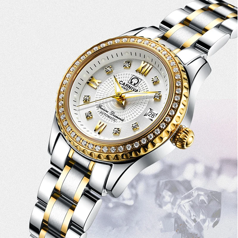 CARNIVAL-relojes mecánicos elegantes para Mujer, pulsera de acero completa, Reloj automático de diamantes para Mujer, resistente al agua