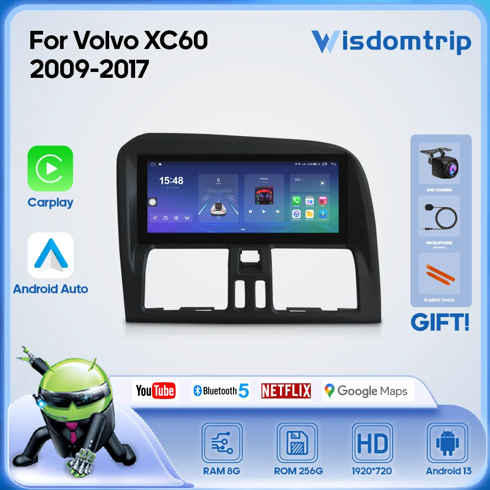 For Volvo XC60 2008-2017 Car Intelligent Multimedia Video Player GPS 4G WiFi Navigation Radio CarPlay+Android AUTO Android 13