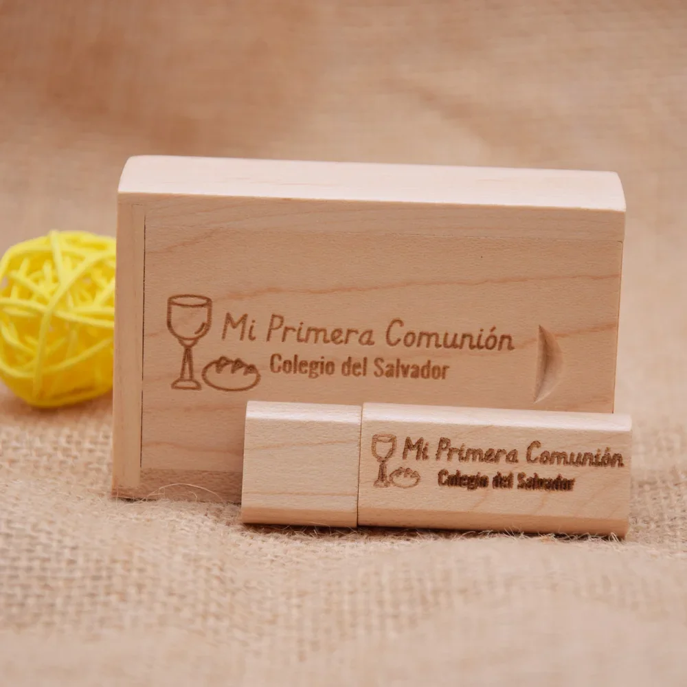 20개/세트 무료 맞춤 로고 나무 USB 플래시 드라이브 메이플 우드 + 박스 펜드라이브 8GB 16GB 32GB 64GB 128GB 메모리 스틱 웨딩 선물