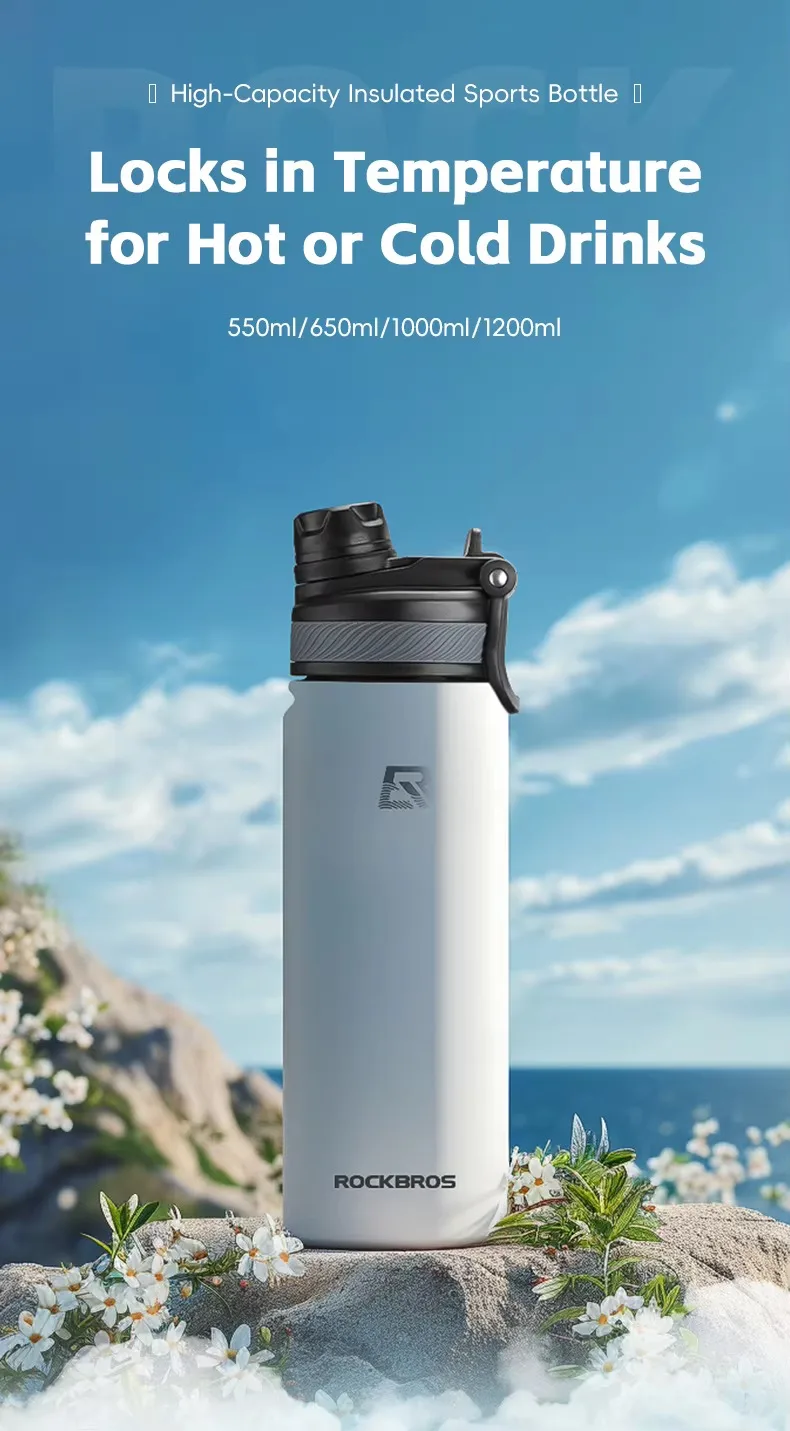 ROCKBROS 1,2L Isolierte Fahrrad-Trinkflasche Sport-Trinkflasche Rutschfest 304 Edelstahl Vakuum Kalt- und Heiß-Thermobecher – Detail 1