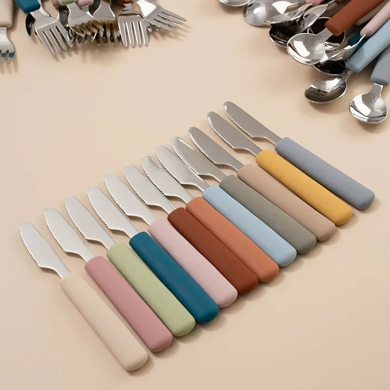 Silicone Handle Baby Stainless Steel Spoon Fork Knife Training Dinnerware Sets Toddler Safe Tableware Kids Easy Feeding Tools