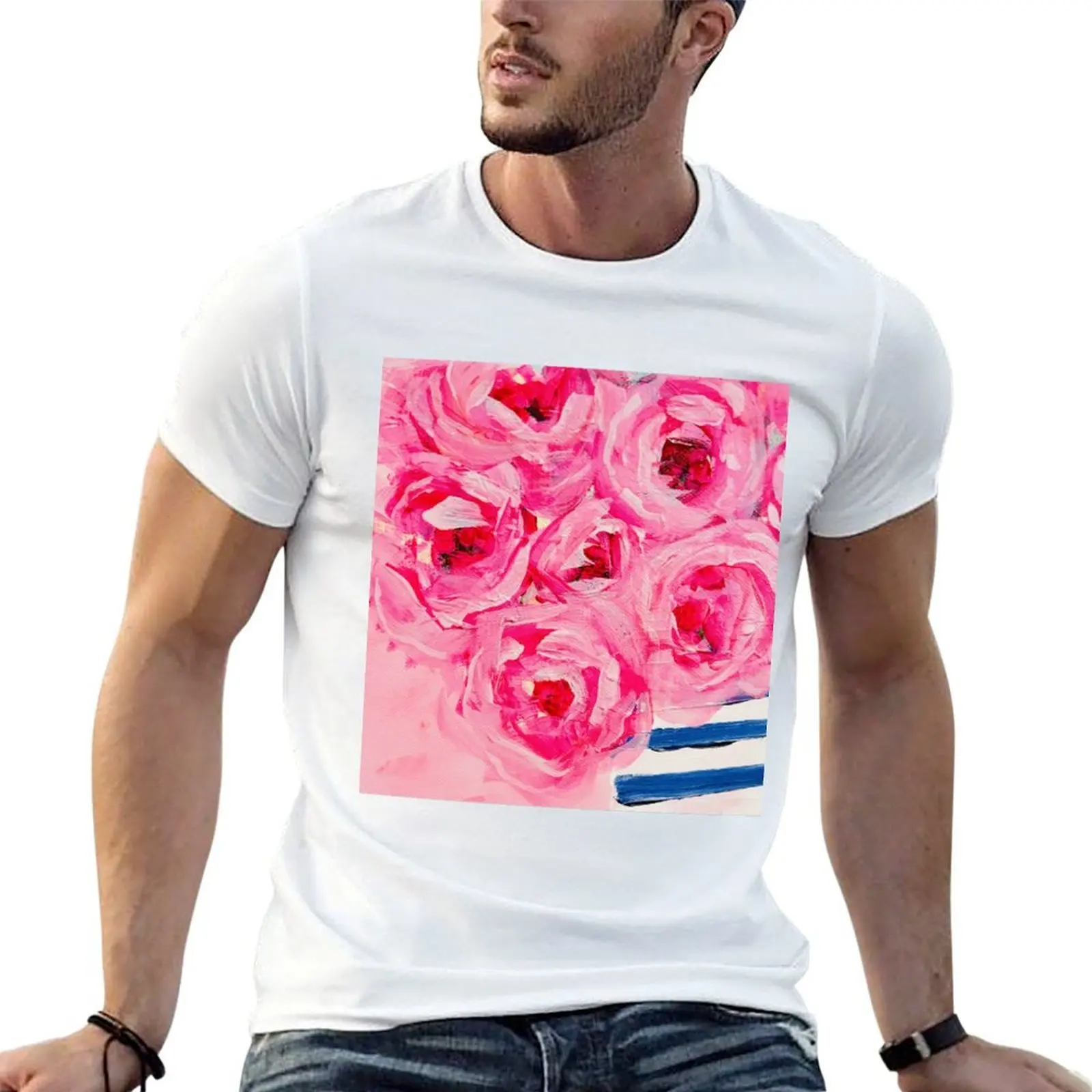 

Pink Flowers in Blue Stripe Vase T-Shirt man t shirt graphic mens graphic t shirts T-Shirt