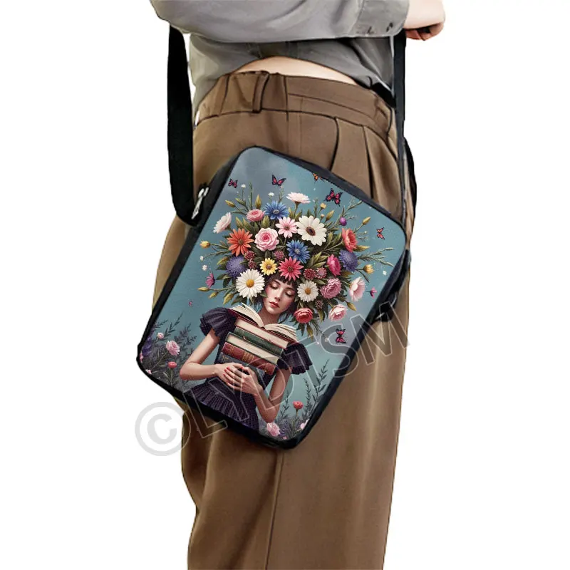 Elegant Woman and Books Graphic Print Crossbody Bag Flowers and Butterfly Women Handbag Shoulder Bag Phone Holder Messenger Bag