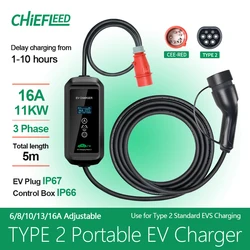 Chiefleed 11KW 16A 3Phase Type2 Portable EV Charger EU CEE Red Plug for EVS Charging 220V~450V 8/10/13/16A Adjust 3.6KW Schuko