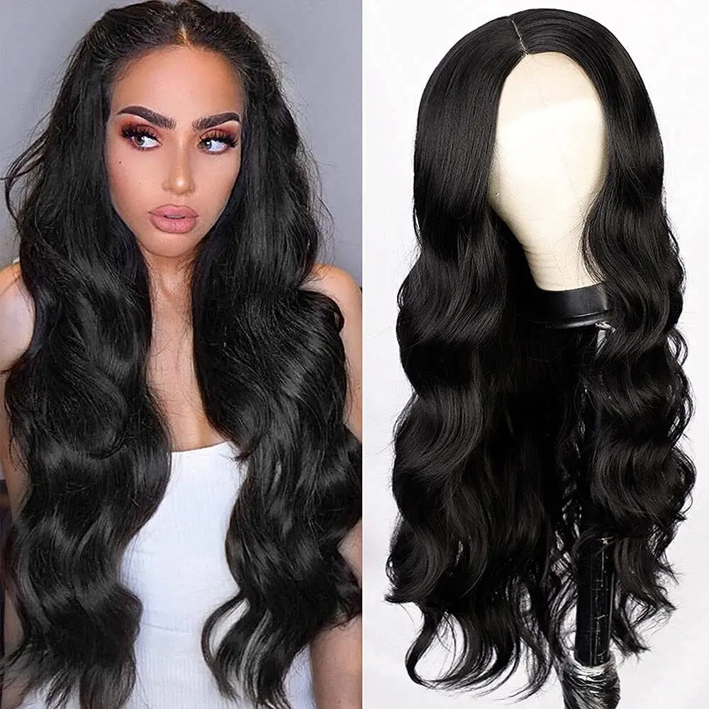 Pop Long Body Wave Wig Natural Middle  Curly Black for Women Party