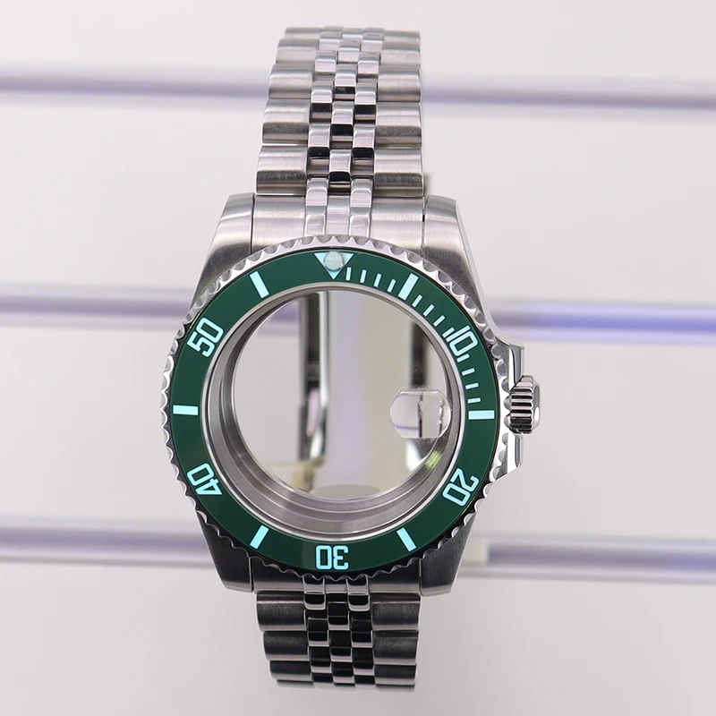 40mm Watch Case Sapphire Glass For NH35 NH36 Miyota 8215 PT5000 Movement 28.5mm Dial Jubilee Silver Bracelet C3 Green Bezel SUB