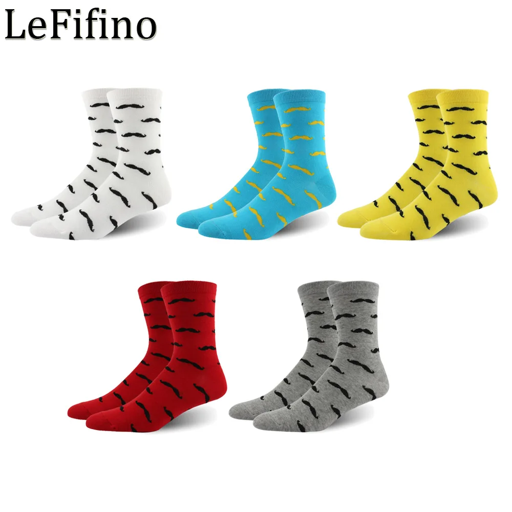 LeFifino Happy Men's Socks Funny Mens Dress Socks Novelty Moustache Pattern Long Socks Red Blue Gray White Yellow Beard Le01929