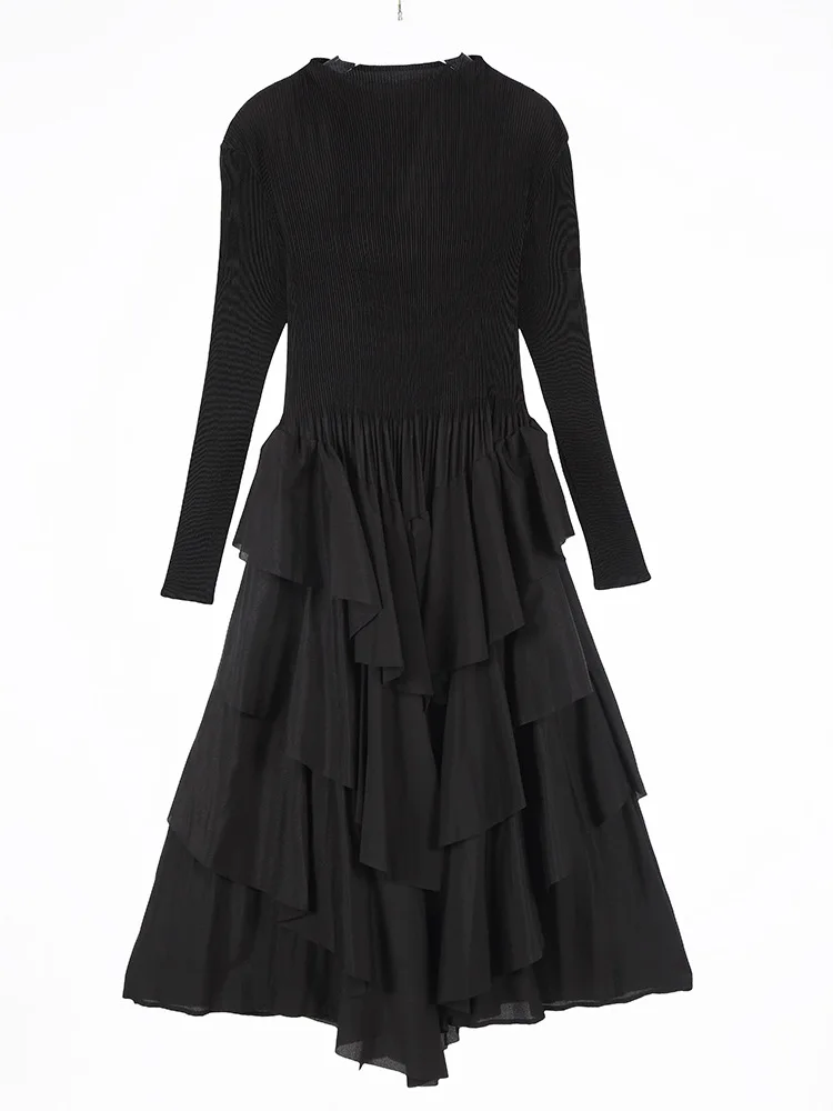 Moda sólida em camadas vestidos irregulares primavera feminino o pescoço manga comprida vestido plissado outono cintura alta magro na altura do joelho vestido
