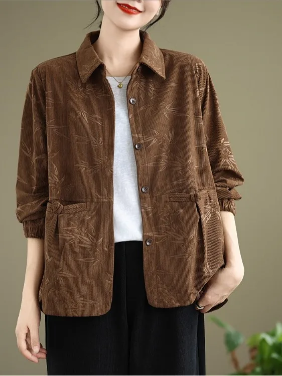 سترة قميص مخملية بطبعة أوراق الخيزران بتصميم عتيق، مقاس كبير للنساء، بزر واحد وياقة مفتوحة وأكمام طويلة، كارديجان كاجوال مفتوح #2