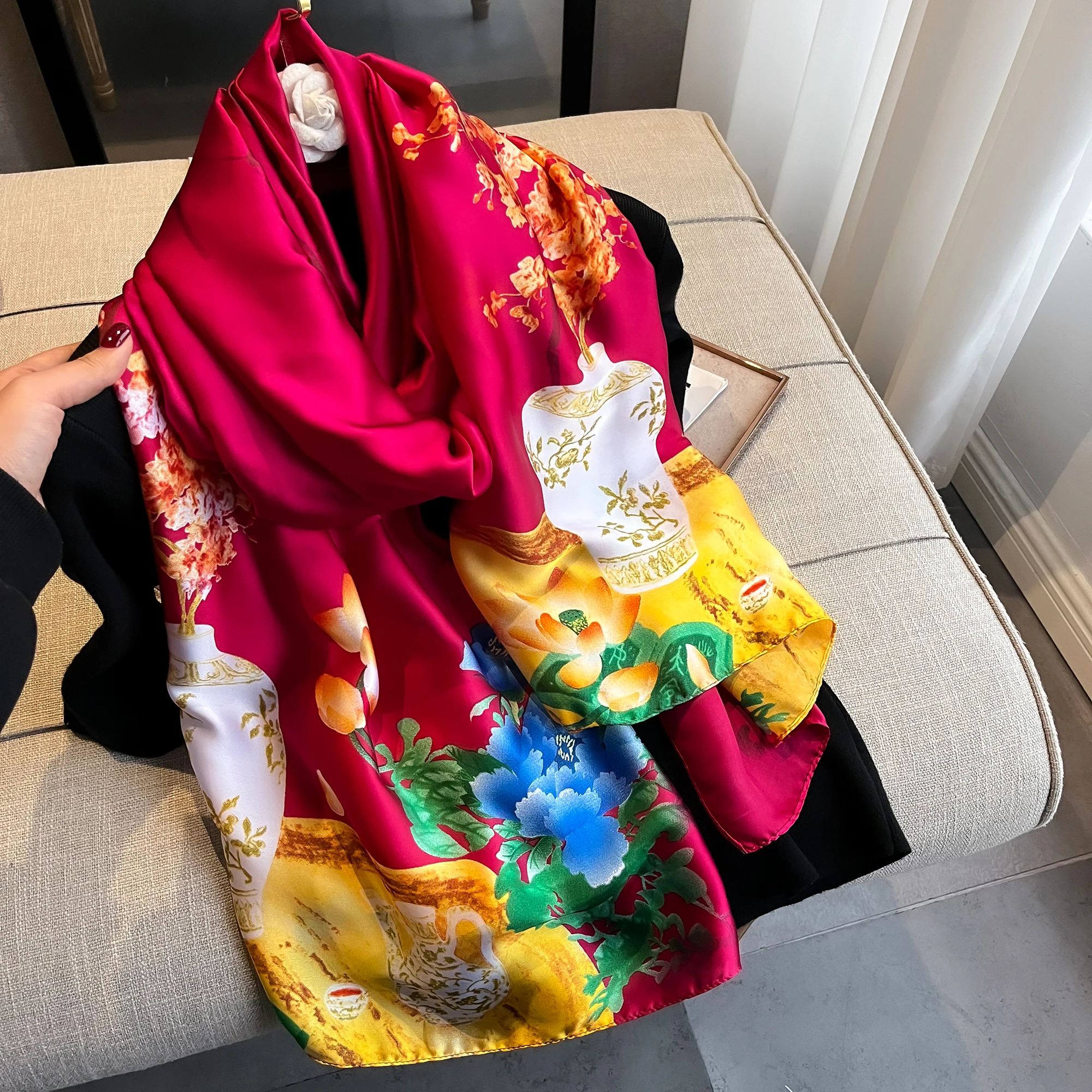 180*90cm classic Silk Scarf Women Foulard Office lady Large Fashion Print Beach Hijab shawl warp bandanna muffler pareo fashion