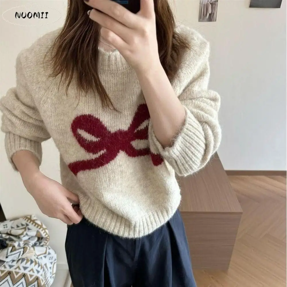 

Дышащий мягкий пуловер с бантом, свитер, теплый модный свитер с круглым вырезом, милый свитер с галстуком-бабочкой и длинными рукавами, Новый год