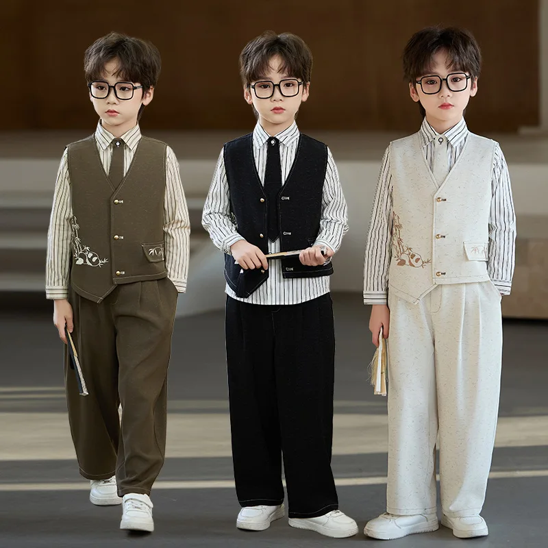 Teen Boys New Chinese Style Vest Suit Set Panda Bamboo Embroidery Cream White with Wide Leg Pants Kids Stage Performance Outfit