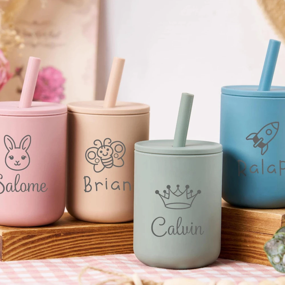 Custom Engraved Name Silicone Toddler Cup, Cute Dinosaur Rabbit Koala Print Kids Straw Cup, 1st Birthday Party Favor Gift