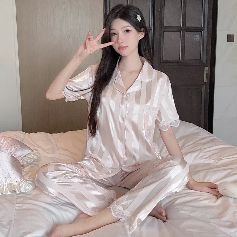 Korean-Style Girls' Pajamas, Thin Ice Silk Short-Sleeve and Long Pants, Simple Cardigan Loungewear for Women, Summer Wear