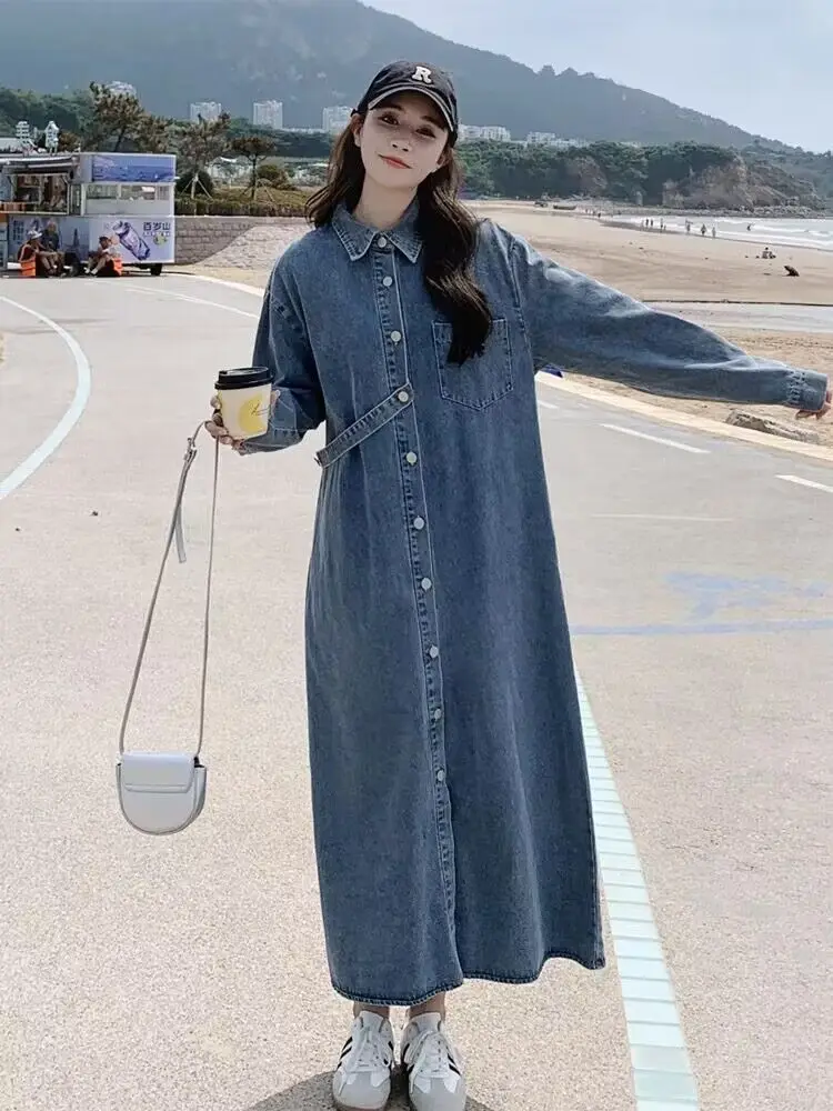 

Korea Long-Sleeved Blue Denim Dress Pocket Elegant Denim Fashion Slim Denim Dress Shirt Women Dress Can Be Worn In All Seasons