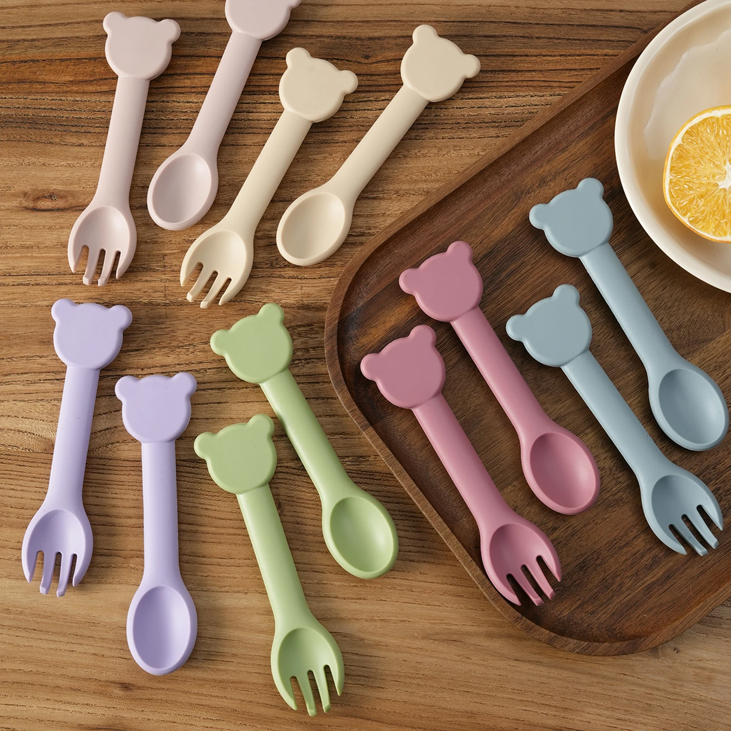 Color Kids 2PCS Silicone Baby Tableware And Solid Feeding Spoon Set BPA Free Soft Utensils Food Grade Spork Baby Newborn Items
