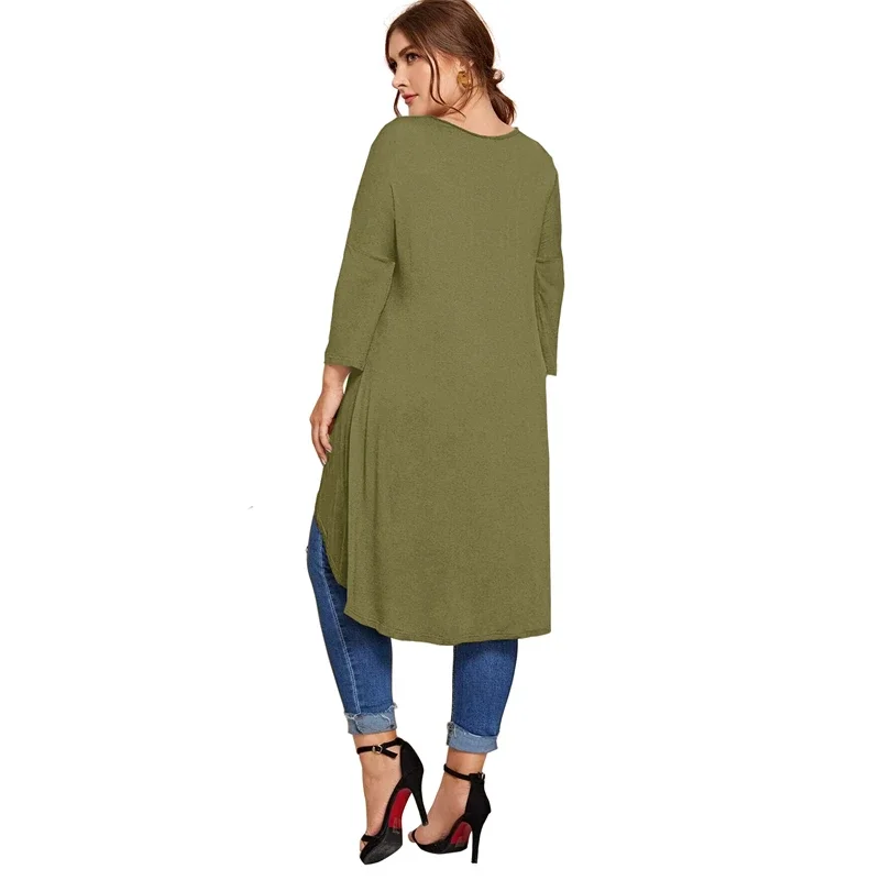 Plus Size Long Sleeve Elegant Tops Women Long Hi Low Fit Flare Spring Autumn Swing Blouse Tunic T Shirt Large Size Clothing 5XL