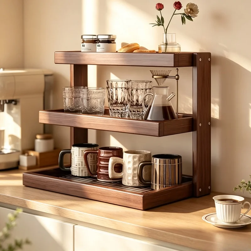 Three-Tier Wooden Coffee Cup Holder, Desktop Organizer, Multipurpose Storage Rack for Kitchen, Cosmetics & Small Spices