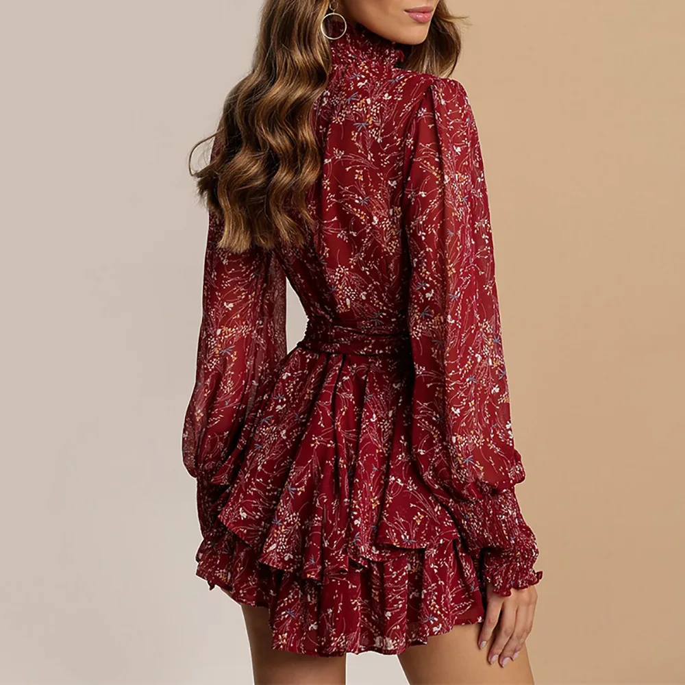 Elegant Floral Women's Dresses Spring Autumn Accept Waist Floral Print Brim Ruffled Mini Dress Ladies Casual Vestidos платье