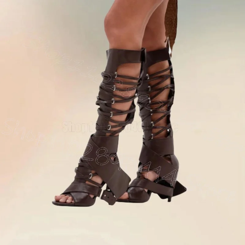 

Brown Leather Strappy Hollow Design Sandals Boots Buckle Strap Women Shoes Thin High Heels Party Dating 2025 Zapatos Para Mujere
