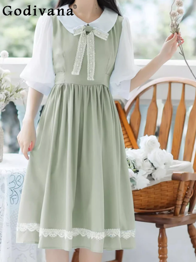 

2025 New Sweet Peter Pan Collar Bow Dress Cute Girls Summer High Waist A-line College Versatile Age-reducing Japanese Dresses