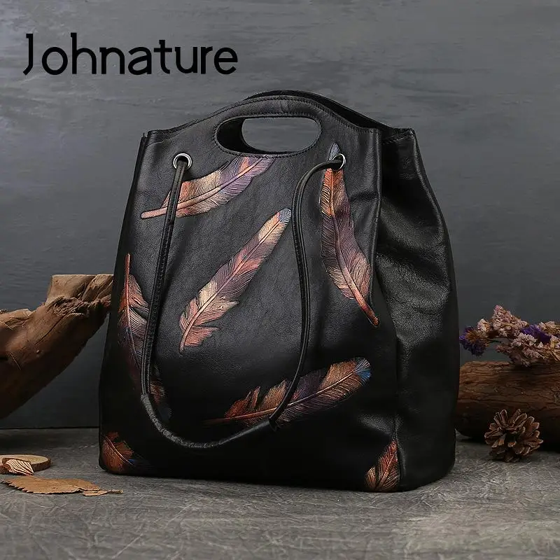 Johnature Vintage Feather Embossed Genuine Leather Women Bucket Bag Fashion Natural Cowhide Handbag Large Capacity Shoulder Bags