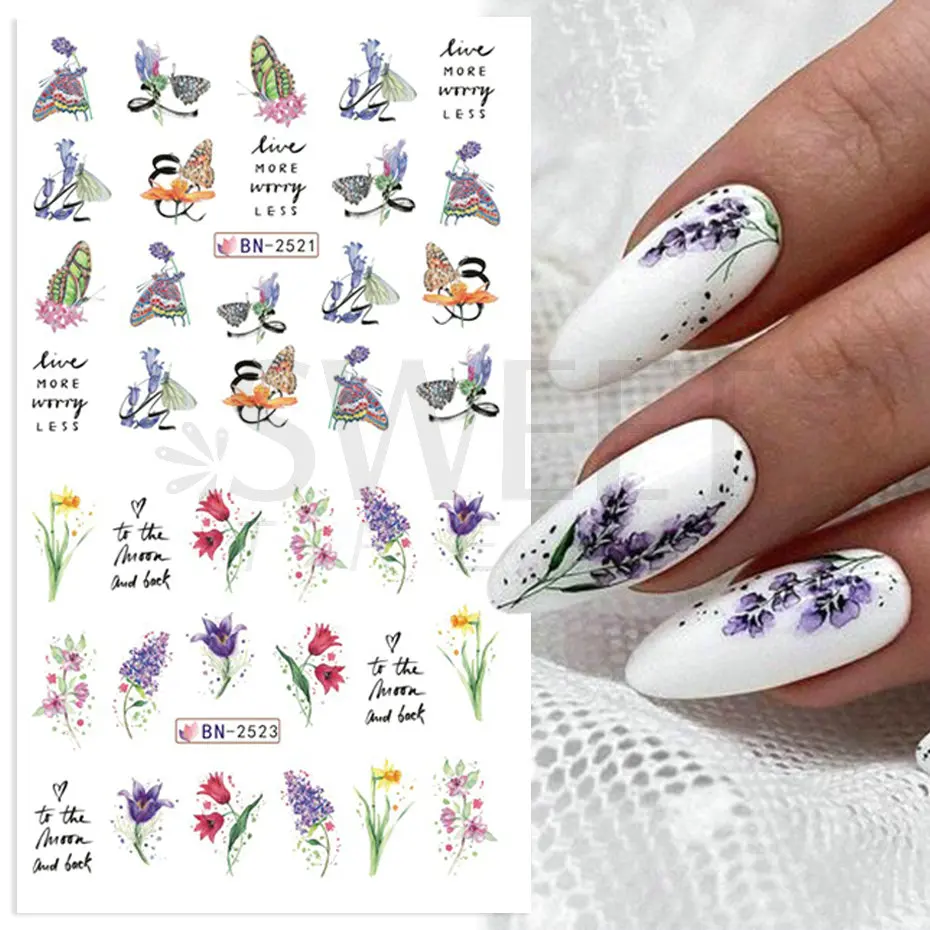 12pcs Spring Nail Art Stickers Lavender Tulip Rose Butterfly Letter Watercolor Flower Leaf Water Slider Manicure Decoration BEBN