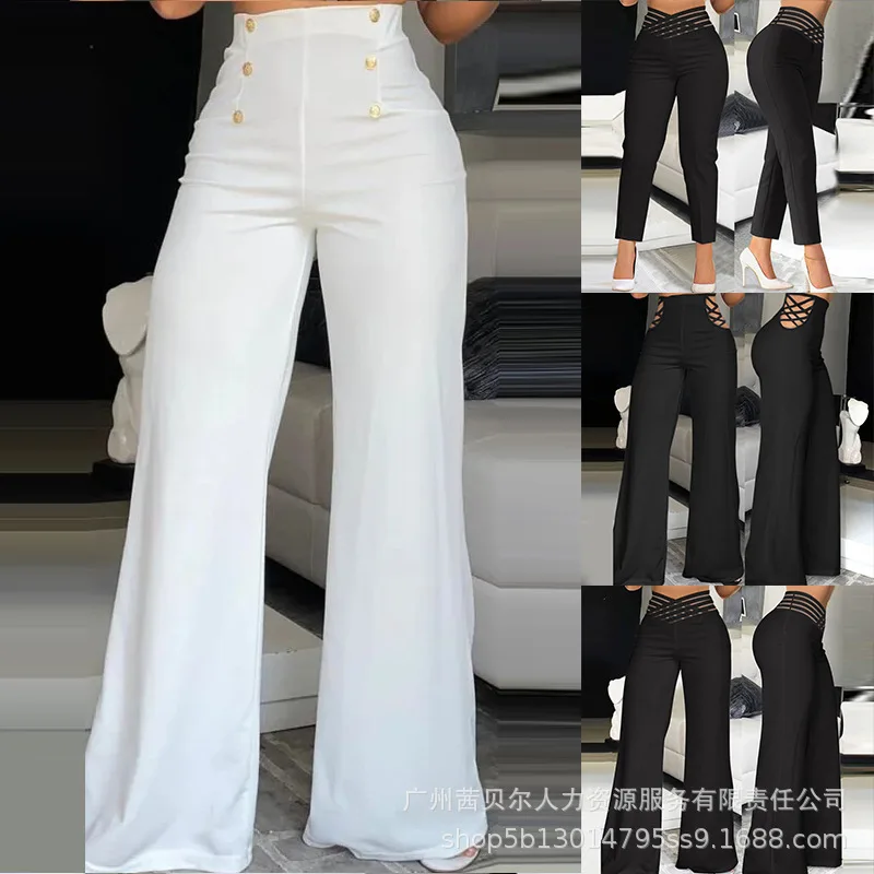 

Crisscross Sheer Mesh Patch High Waist Pants Women Solid Color Flare Long Pants