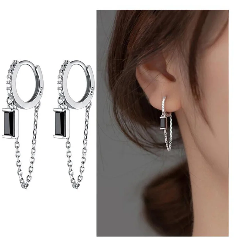 Pendientes de aro de Plata de Ley 925 auténtica para mujer, cadena de moda, CZ negro, regalo de boda y cumpleaños, joyería fina DG0004