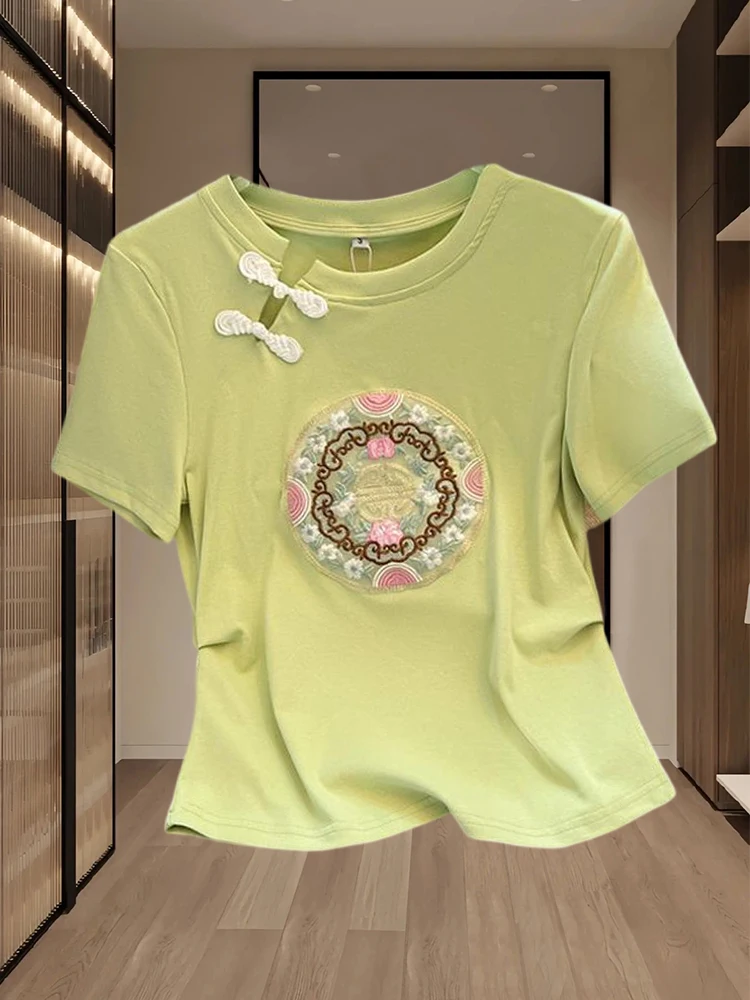 Summer 2026 New Chinese Style Green Short Sleeve T-Shirt Women's Proper Shoulder Short Model Small Atmosphere Short Top