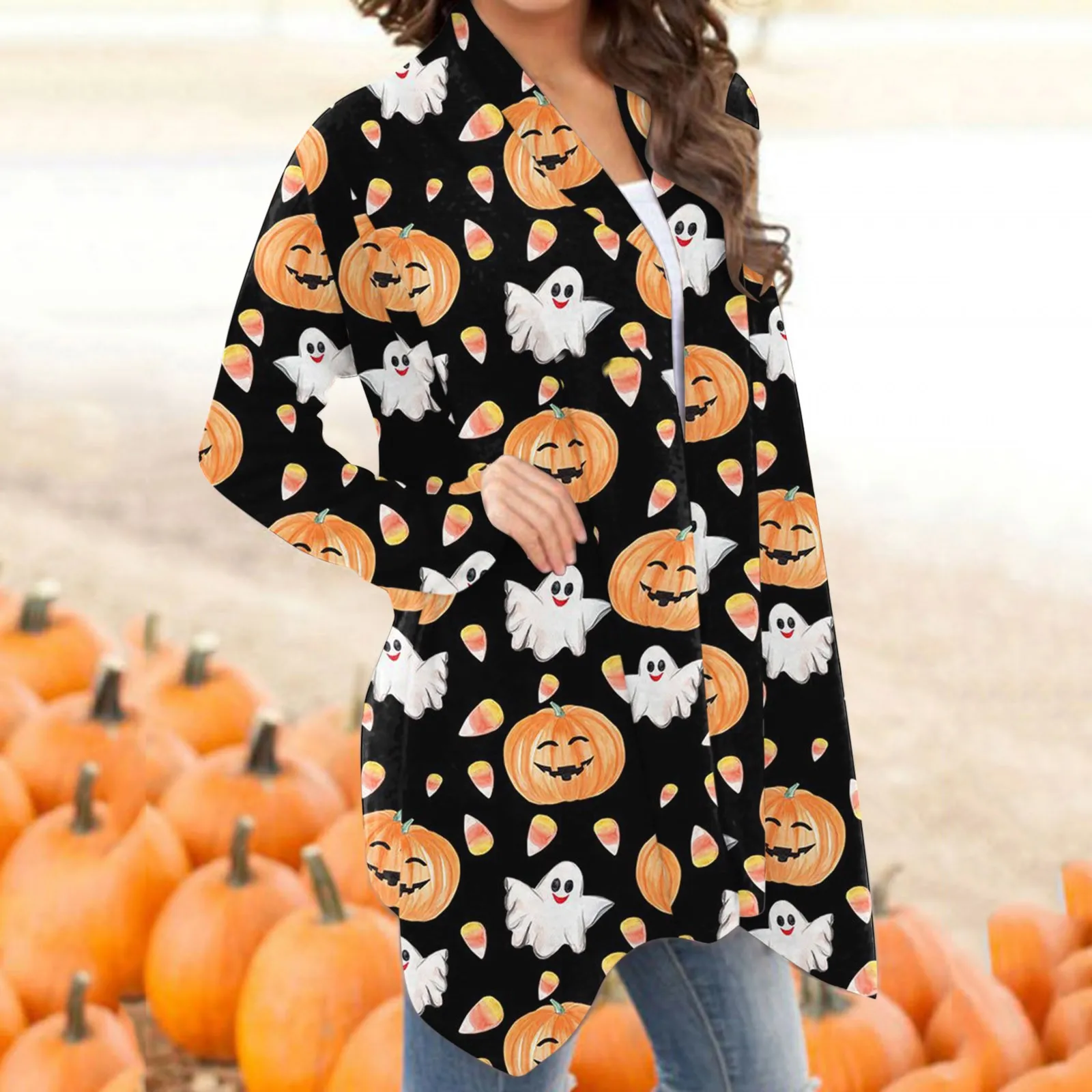 Pumpkin Ghost Print Women Cardigan Halloween Long Sleeve Front Open Blouse Autumn Elegant Casual Jackets Plus Size Long Coats