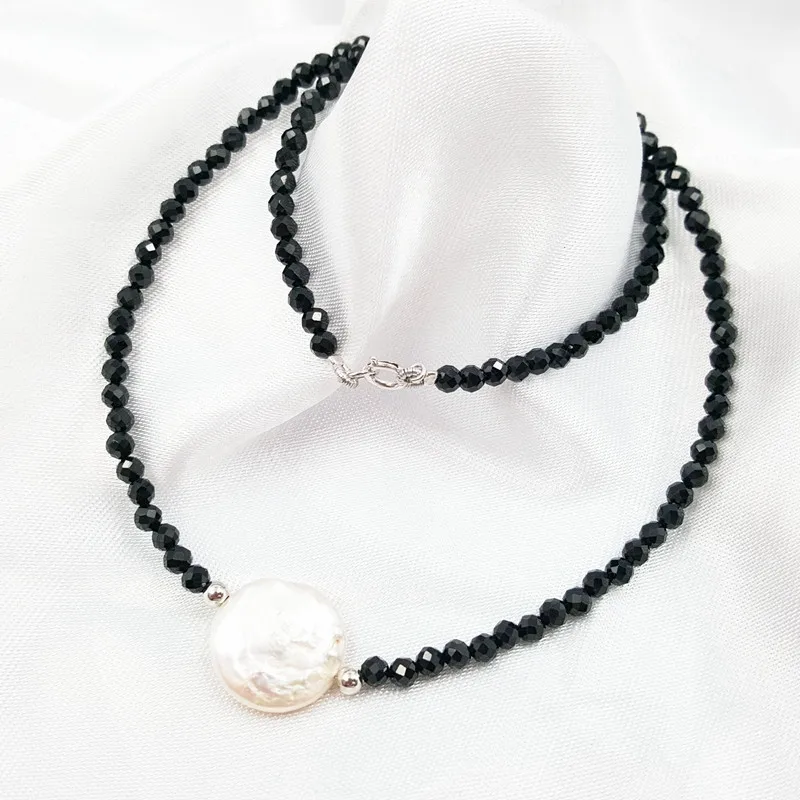 

Natural Black Spinels 2-3MM Coin Freshwater Pearl Tibetan silver clasp Necklace