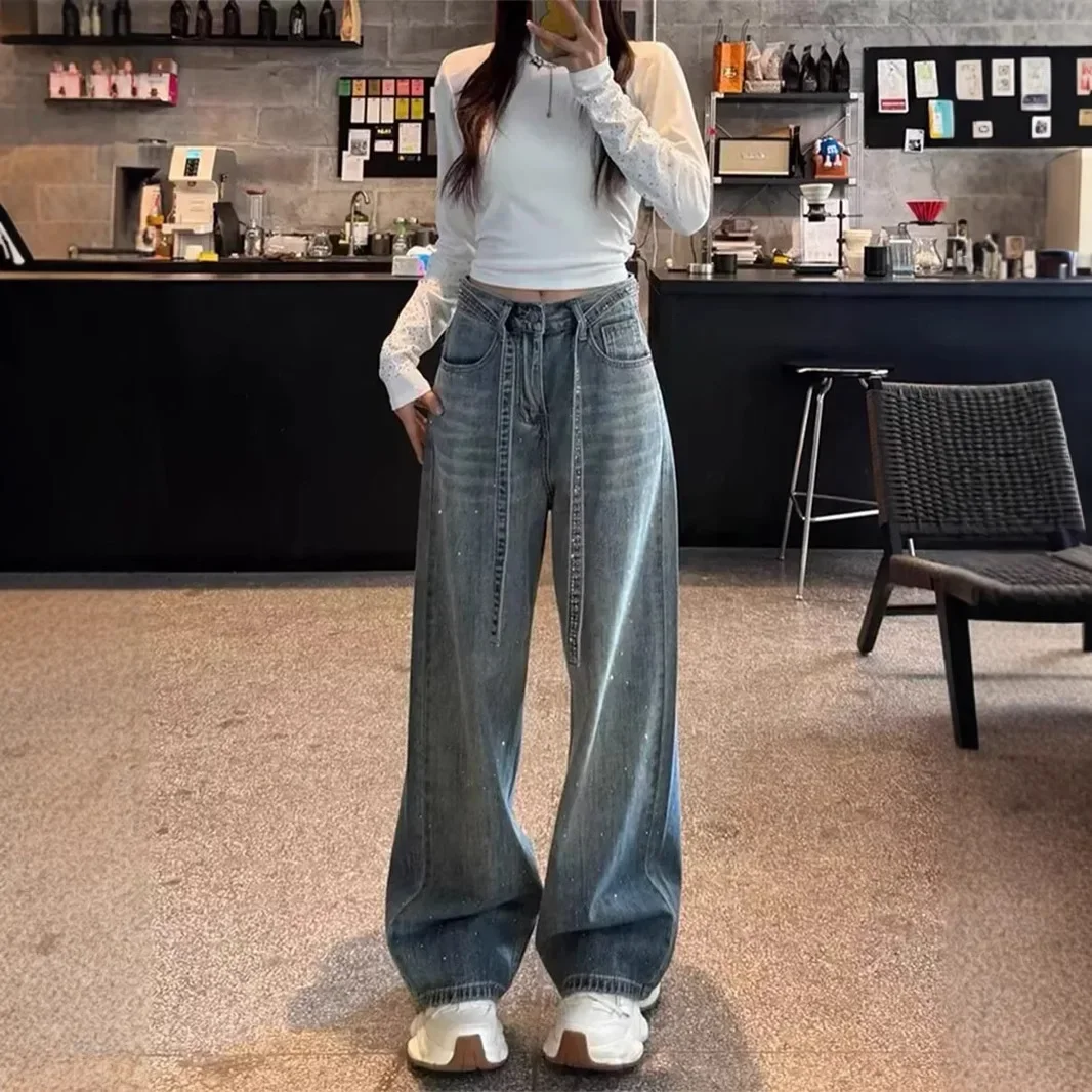 Pop Heavy Duty Rhinestone Shiny Wide Leg Jeans High Waist Slim Straight Fashionable Versatile Long Pants For Women Spring New St
