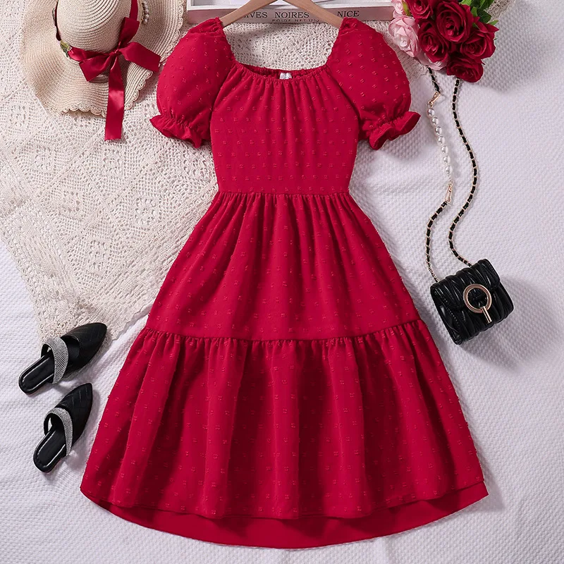 6 8 10 12 Years Summer Girls Dress 2024 Elegant Retro Style Solid Color Backless Princess Dress For Teen-agers Kids Casual Dress