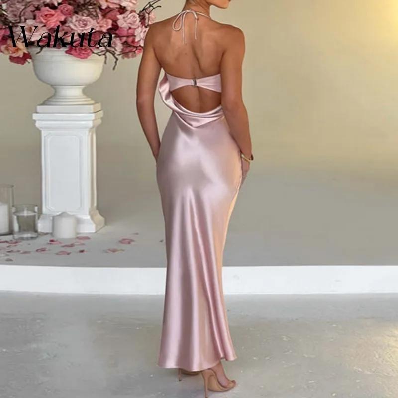 WAKUTA Fashion Halter Hanging Sleeveless Strapless Evening Gowns Solid Backless Cocktail Ball Evening Vestidos Estido De Fiesta