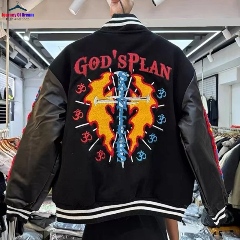 

High Street Brand Patchwork Leather Saint Supreme Version Embroidery Vintage Stripe Mens Womens Loose Flying Jacket Coats