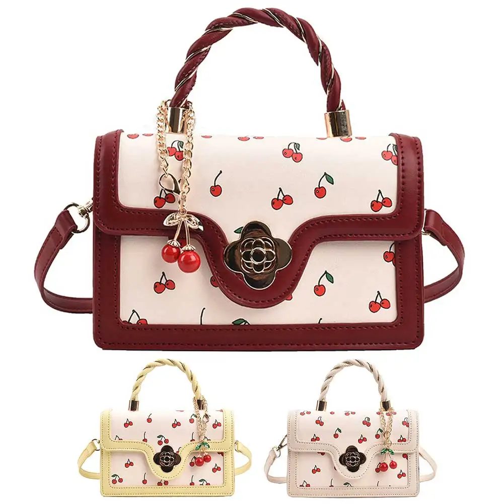 Women Cherry Square Chain Bag PU Leather Fashion Tote Handbag Adjustable Strap Cherry Pattern Sling Bag Female Daily Commute Bag