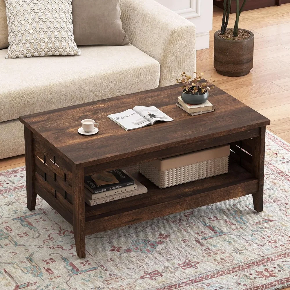 

Farmhouse-style Coffee Table with Open Shelving and Woven Slats, 39.5-inch Rectangular Decorative Cocktail Table,Customizable