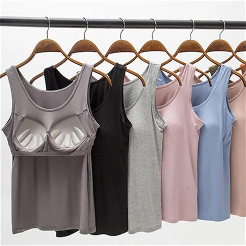 2023 Women's Vest Tops with Built In Bra Neck Vest Solid Color Padded Slim Fit Tank Tops Sexy Shirts Feminino Casual Tank Tops